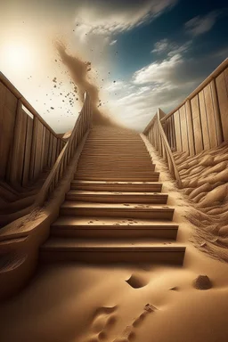 sand is crumbling from behind, walking down a long open staircase that goes into the sky, sand is flying, surrealism, stardust, fantastic, fantasy, hyper realism, realistic, 4000 k, iso 4064, hdr, 5 d, hyper detail, photorealistic painting, aesthetically pleasing, beautiful, professional photo, bright lighting, soft lighting, neon lighting, careful drawing down to small details, bright sparks, golden sand glows, ultrahd