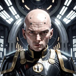 star wars bald male corellian pilot wearing pearlescent black and gunmetal grey First Order special forces heavy assault armor and helmet with gold trim inside the jedi temple, centered portrait, hyperdetailed, dynamic lighting, hyperdetailed background, 8k resolution, volumetric lighting, light skin, fully symmetric details