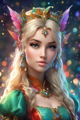 young woman elf, cute cartoon character, vibrant colors, colorful, cute, adorable, intricately-detailed, delicate, beautiful, stunning, breathtaking, intricate detail, insanely high detail, volumetric lighting, fantasy background