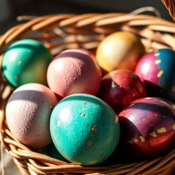 digital photograph of off-center modern basket colorful Easter eggs. eggs display intricate textures in azure, emerald, blush, crimson, sapphire, and gilded metallic hues. cinematic HDR backlighting highlights subtle dimples and glossy reflections, with shallow depth of field softening the sunlit background. hyperrealistic 8k resolution, rustic ambiance,