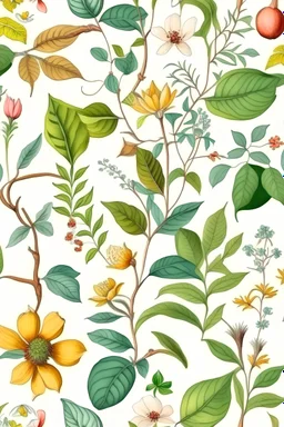 Create a "Vintage Botanicals" watercolour pattern. Explore the beauty of vintage botanical illustrations with designs featuring intricate floral patterns, botanical sketches, and lush foliage, appealing to nature lovers and vintage enthusiasts in the Salvafor Dali style