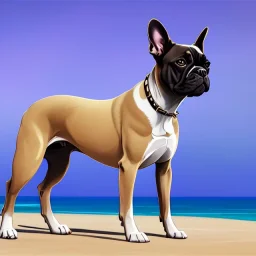 detailed illustration of a french bulldog standing on the sand, french bulldog wallpaper, luminous body, sparkling body, full body, symmetrical body, realistic, luminous body, clear focus, carefully detailed, soft evening sky, muscular body, hulk body, a lot of muscles on the body, realistic body, beautiful dog, art picture, high resolution, powerful dog, chain around the neck, lots of muscles on the dog body, french bulldog in muscles, bodybuilder, muscles, 64k