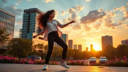 beautiful lady with makeup in pants and pretty shirt curvy long hair sport shoes dancing in a open stage in a modern city cnter ,flowers and trees ,pretty clouds,sunset golden hour