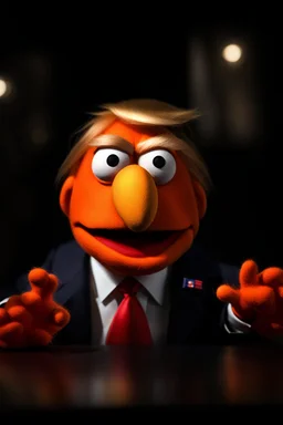 Waist up Angry muppet Portrait of Orange Donald J Trump as muppet doll made of felt, president, photo studio, black background, unreal engine 5, concept art, art station, ray tracing, lumen lighting, ultra detail, volumetric lighting, 3d.