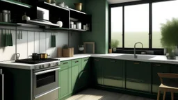 kitchen with celadon and dark green furniture, on the left side by the window from the bottom up, a microwave and an oven installed in the furniture, and on the right side and next to it an induction hob and a cooker hood above it, on the right side there is a sink and a dishwasher underneath it