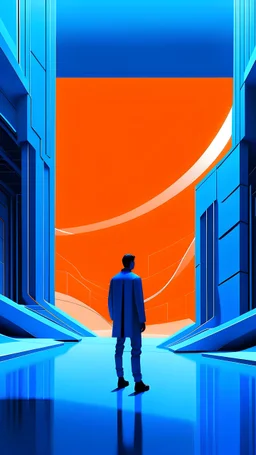 Futuristic and minimalist photo by Miyazaki of a man surround by a digital and futuristic landscape. Colors are blue and orange.