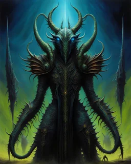 A mesmerizing fantasy painting of Arkus, the chaos-insectoid evil dictator. The creature's body is a nightmarish blend of insect and humanoid features, with sharp spikes, tentacles, and bioluminescent patterns. it has four arms and two legs. The artwork is inspired by the styles of Wayne Barlowe, Beksinski, Giger, Phillipe Druillet, Greg Rutkowsky, Alfred Kubin, and Gustave Doré, creating a unique and haunting visual experience. The dark, moody atmosphere of the piece adds to the sense of dread