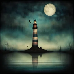 Ethereal, surreal dreamscape, andy Kehoe, glitchy, striped lighthouse, midnight, dramatic,