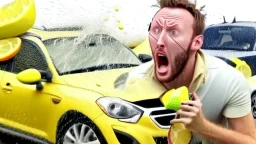 guy in hurricane arguing on phone next to his kia sportage made out of lemons