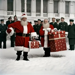 Santa Claus delivering presents to Leonid Brezhnev and the members of the Supreme Soviet