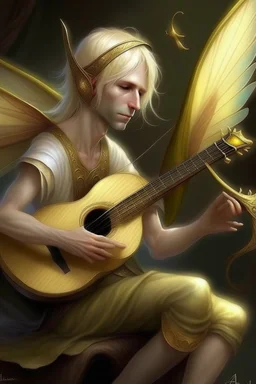 fee, männlich, Libellen-Flügel, hellblondes, fast weißes Haar, Laute spielend, lange spitze Ohren, goldene Augen, realistisch
