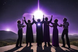 Subject & Action: A high-resolution, photorealistic cosmic ceremony on the edge of the void! This is a wide-angle photograph capturing a gathering of five modern beatnik wanderers worshipping the total solar eclipse. Their arms are outstretched in ecstasy, their faces turned upward, dissolving into the light. One figure, centrally positioned, has a halo of purple and blue cosmic light swirling around their head. Environment & Setting: We are on the rugged Landes coast, beach of La Piste. The sa