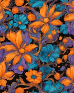 orange ,purple, turquoise and golden outlines flower van Gough water color on black background