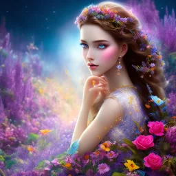 bright fairy, beautiful portrait, flowery landscape