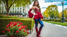 fullbody close up of 1 girl makeup wearing a dark red-silver victorian top and pants and pretty boots walking in moder city of 2040 park ,colorfull flowers ,pretty clouds in blue sky,city escape.