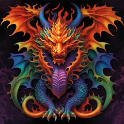 {Rorschach} of ink blots metamorphosizes into a dynamic explosive (chinese golden_dragon: 1.5), front and center, symmetrical, scales, flames, red, illuminated by the iridescence of rainbow colors. The dragon carving is complex and detailed. The colors of the sculpture go from blue at the top to green, then purple and finally orange at the bottom, giving a rainbow effect. The iridescent light shines brightly with fine holographic glitter sprinkled magic