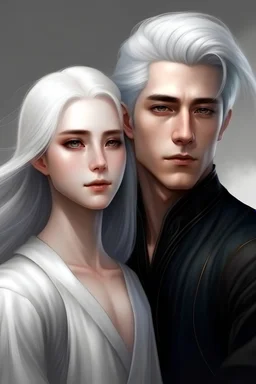 Fantasy young man with black hair with an innocent looking white haired woman