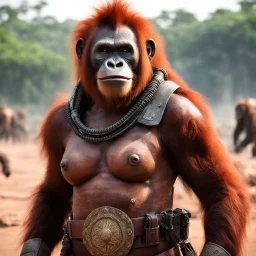 the Orangutang Queen smiles, ready to fight, in dust, rust and blood, her body is covered with cartridge belts