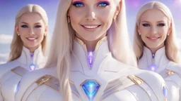 cosmic woman ,beautiful ufos rainbow, admiral from the future, galactic confédération, fine whole face, crystalline skin, expressive purple eyes,rainbow, smiling lips, very nice smile, costume pleiadian, Beautiful tall woman pleiadian Galactic commander, ship, perfect datailed golden galactic suit, high rank, long blond hair, hand whit five perfect detailed finger, amazing big puple eyes, mouth, high définition lips, cosmic happiness, bright colors