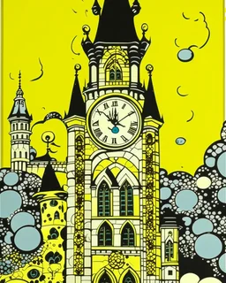 A pale greenish yellow glimmering castle with clocks and hourglasses painted by Roy Lichtenstein