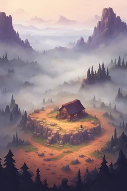 A rocky wasteland surrounded by fog. stardew valley style
