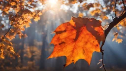 Big autumn leaf on the branch, in the last light of the day and wonderfully colored rays of the sun.