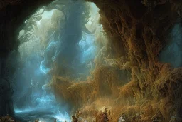 Hades at the edge of the Underworld, rocks, painting, fine brush strokes, high quality, masterpiece, greek mythology, insane detail, Neo-Impressionism, dark colors