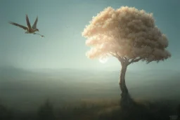 a beautiful digital painting of a marble tree entertwined in tumutluous clouds, intricate white branches and birds flying in the sunlight, blue sky at sunset, elegant, highly detailed, artstation, concept art, matte, sharp focus, art by tom bagshaw, kelogsloops and greg rutkowski