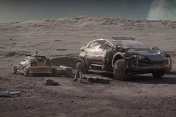 A Tesla 'Model Y' is parked, at the lunar landing site of the 'Apollo 11'. (CINEMATIC, WIDE ANGLE LENS, PHOTO REAL)