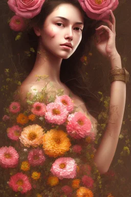 painting of flowers and beautiful girl portrait, scaffolding, iron cladding, decay, mixed media, textured, anatomically correct, beautiful perfect face, sharp focus, highly detailed