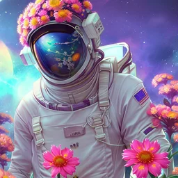 "floral astronaut" hand-drawn digital art, flowers everywhere, colorful garden, beautiful galaxy, REALISTIC, anime, 4k, high resolution, full details, 2560x1600