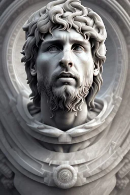 Ultra Realistic image, Roman sculpture, white marble material, Lionel Messi, sun radial crown, chisel style, waist up portrait, epic, celestial, cinematic lighting, God light, god rays, 4k resolution, smooth details, ornate details, soft lighting, unreal engine 5, marble background.