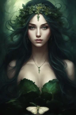 Dark green Water lilies Dark curls long hair Dark Fairy princess rapunzel hair queen crown dragonflies fireflies elven tiara flowers fairy wings saphire