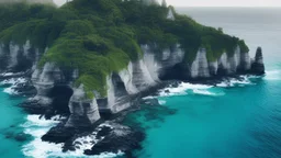 realisitc image , grey concrete structure on a cliff, coastal view, contemporary, high contrast, cell shading, strong shadows, vivid hues, azure ocean, lush vegetation, tropical, cosy