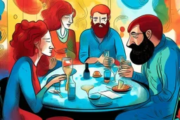 whimsical colorful cartoon ink and tint, 4 people sitting conversating at table, semi overhead view, relaxed, social, various drinks, glasses, bottles on table, 2 men with black beards, 1 woman with red hair in elegant dress, another man with blue hair listening. The background features abstract shapes and muted pastel colors, whimsical vibe, neanderthal influence