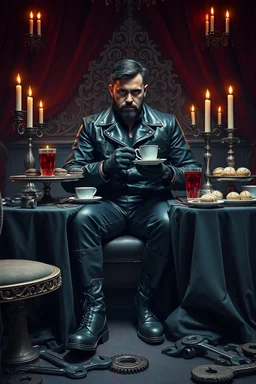 { "prompt": "A SUPER dark, moody, surreal scene of a rugged auto mechanic at a decadent high tea. He wears a fitted, oil-stained leather jumpsuit styled like high fashion, with torn gloves and polished steel-toe boots. His face is half-shadowed, grease smeared like war paint. He sits at a grand, candlelit tea table draped in black velvet, where tarnished silver trays overflow with eerie pastries, cracked porcelain cups, and blood-red tea. Rusted wrenches and gears are scattered