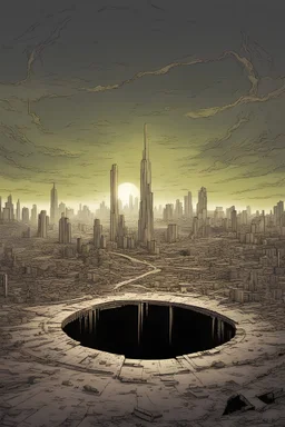 Giant sci fi hole on the ground,apocalyptic city ,comic art