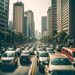 traffic jam in beautiful city with tall buildings