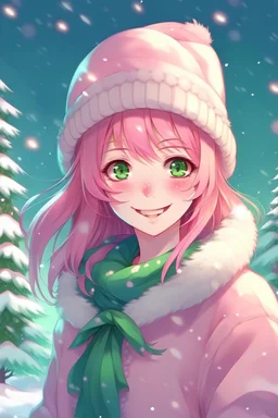 cute anime girl, wearing classic Christmas hat, smiling, green eyes, medium pink hair with purple gradient, Christmas background with trees and lots of snow