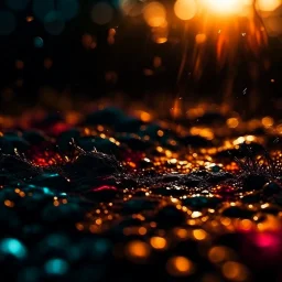 darkness ,backlight sunset, bright colors, glowing sparkle particles, dark tone, sharp focus, high contrast, 8k, incredible depth, depth of field, dramatic lighting, beautifully intricate details, clean environment