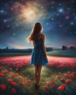 girl standing from behind, night, stars, beautiful painting, field, beautiful girl, dream, summer, shining stars, beautiful flowers, 8k