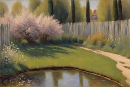 amazing sunny spring day, trees, flowers, fence, little pond, gustave caillebotte impressionism painting