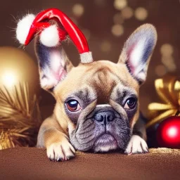 Portrait of a cute french bulldog with brown fur celebrating new year and christmas