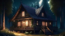 fantasy charming wooden house near a dark forest