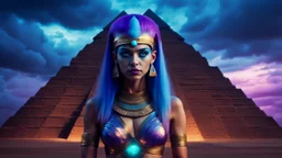 Hyper Realistic Photographic-View of a Beautiful-Alien-Cleopatra with glowing-blue-hair-&-devilish-eyes standing outside her pyramid with purple-cloudy-sky at dark-rainy-night dramatic & cinematic ambiance