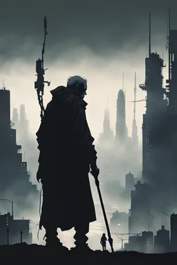 I'd like an old man dressed in rags and partially cyberized holding staff, silhouette with his back turned looking at a dystopian city from extreme distance, giant advertising, evoking feelings of loneliness