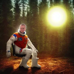 russian astronaut sits on a toilet seat in the middle of the forest. post-apocalyptic, hyperdetailed, lens flare, bokeh, low-key lighting, kodachrome