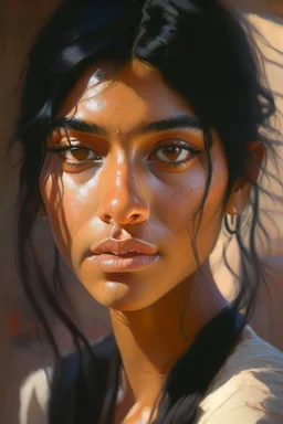 portrait of Indian labor, black hair, pretty face, realistic, fine details. realistic shaded lighting by Ilya Kuvshinov Giuseppe Dangelico Pino and Michael Garmash and Rob Rey, IAMAG premiere, WLOP matte print, cute freckles, masterpiece