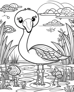 create a 2d black outline, "safari smiling cartoon flamingo coloring book for toddlers", coloring page, low details design, black contour, coloring page design, simple background, colorful , card style, coloring page for kids, white background, sketch style, safari landscape, cartoon style