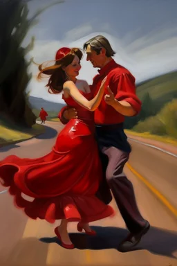 An oil painting of two lovers bumping into each other on the road and exchanging glances, and around them bells wearing a red dress and holding her by the waist